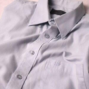Giorgio Armani Mens Short Sleeve Button Down Shirt Blue Twill Logo Size 17 35-36